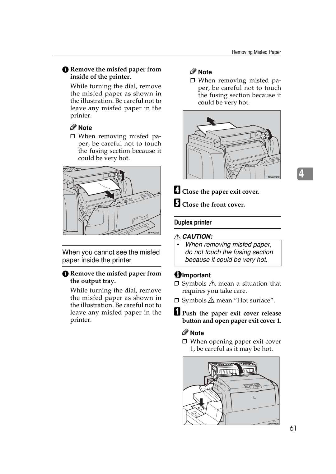 Ricoh AP306D operating instructions Duplex printer, Remove the misfed paper from inside of the printer 