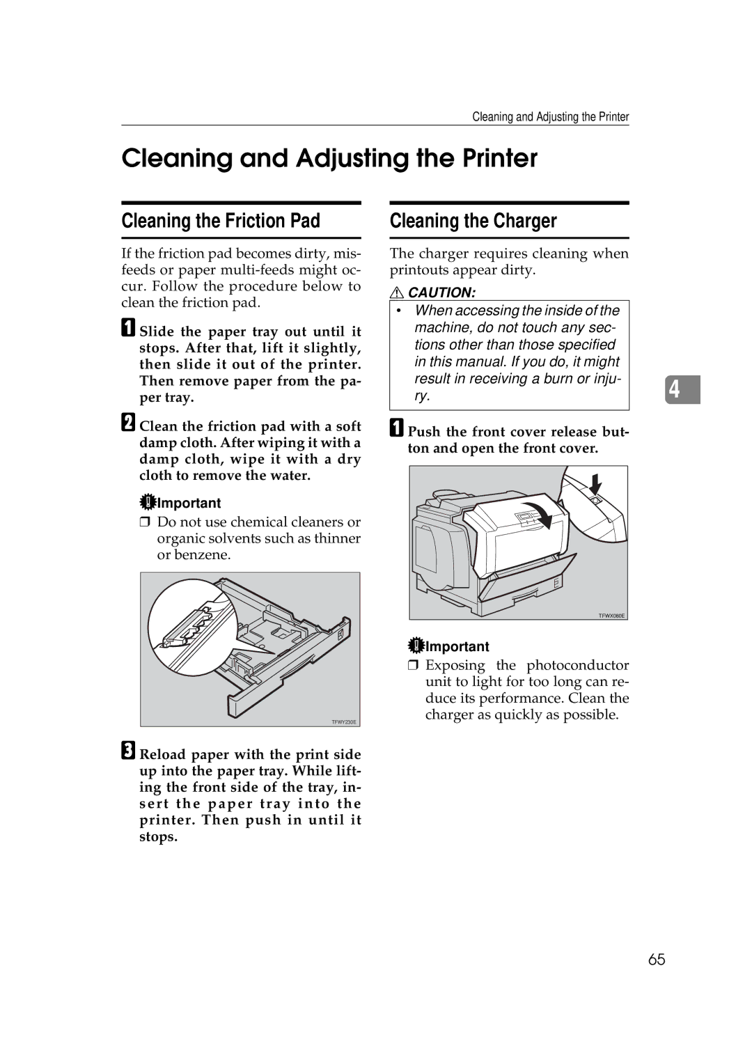 Ricoh AP306D operating instructions Cleaning and Adjusting the Printer, Cleaning the Friction Pad, Cleaning the Charger 