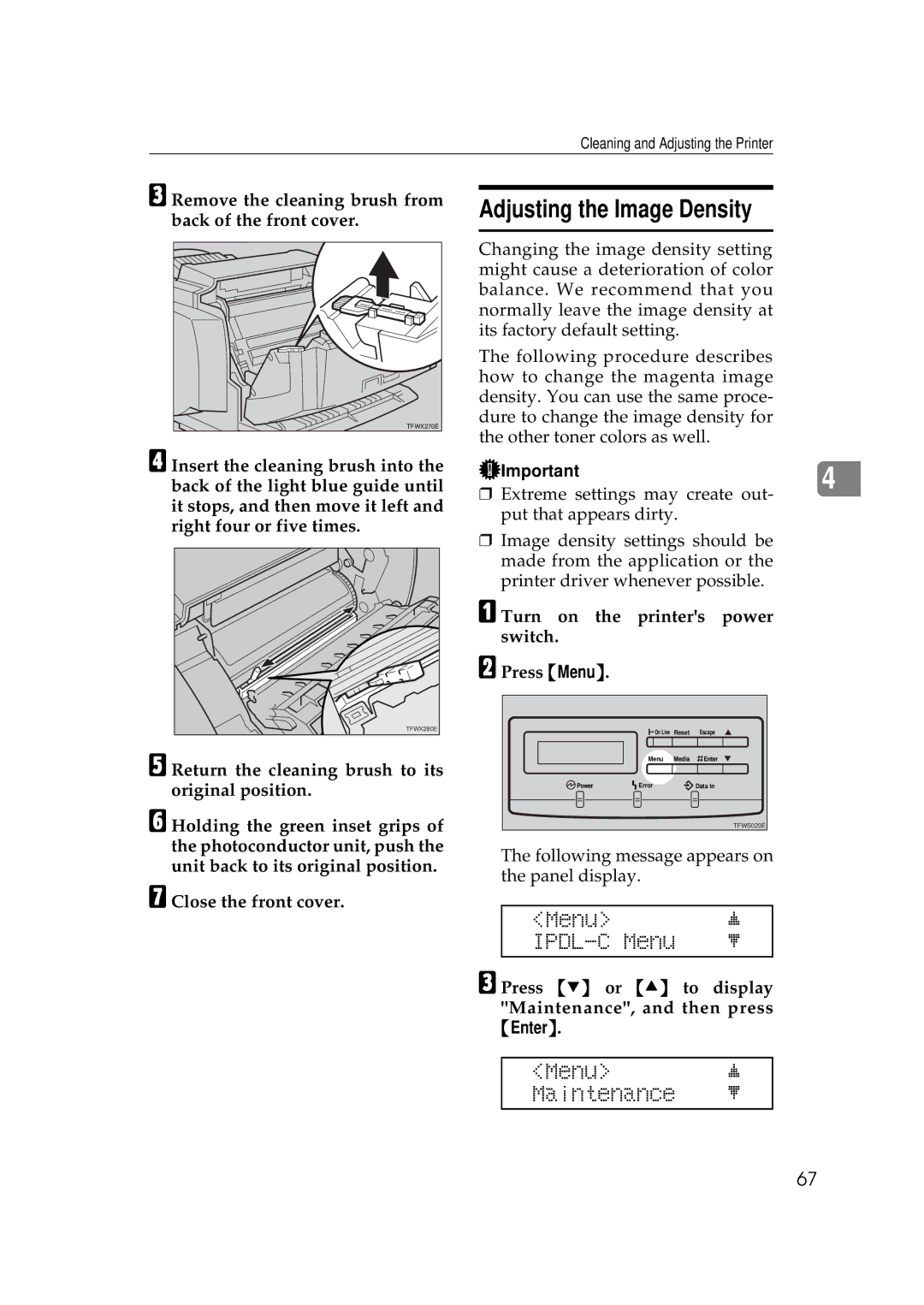 Ricoh AP306D operating instructions Adjusting the Image Density, Menu IPDL-C Menu, Menu j Maintenance l 