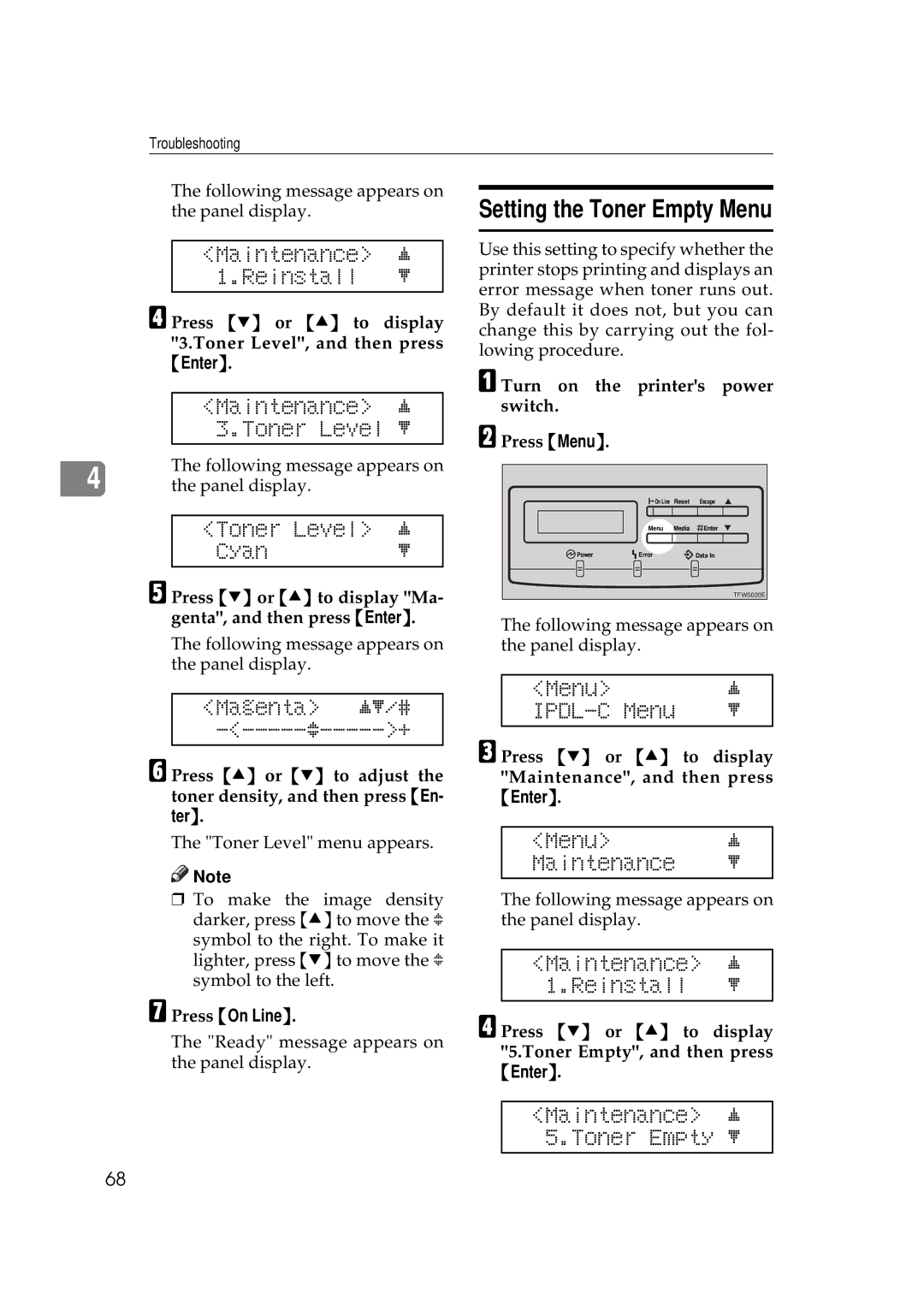 Ricoh AP306D operating instructions Setting the Toner Empty Menu 