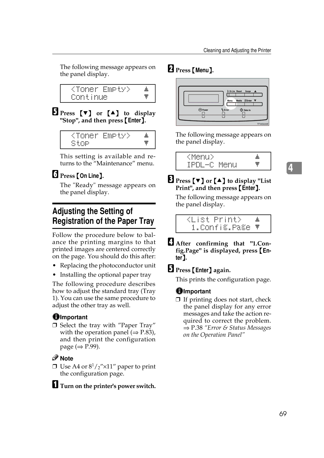 Ricoh AP306D operating instructions Continue, Toner Empty j Stopl, List Print j 1.Config.Page l 