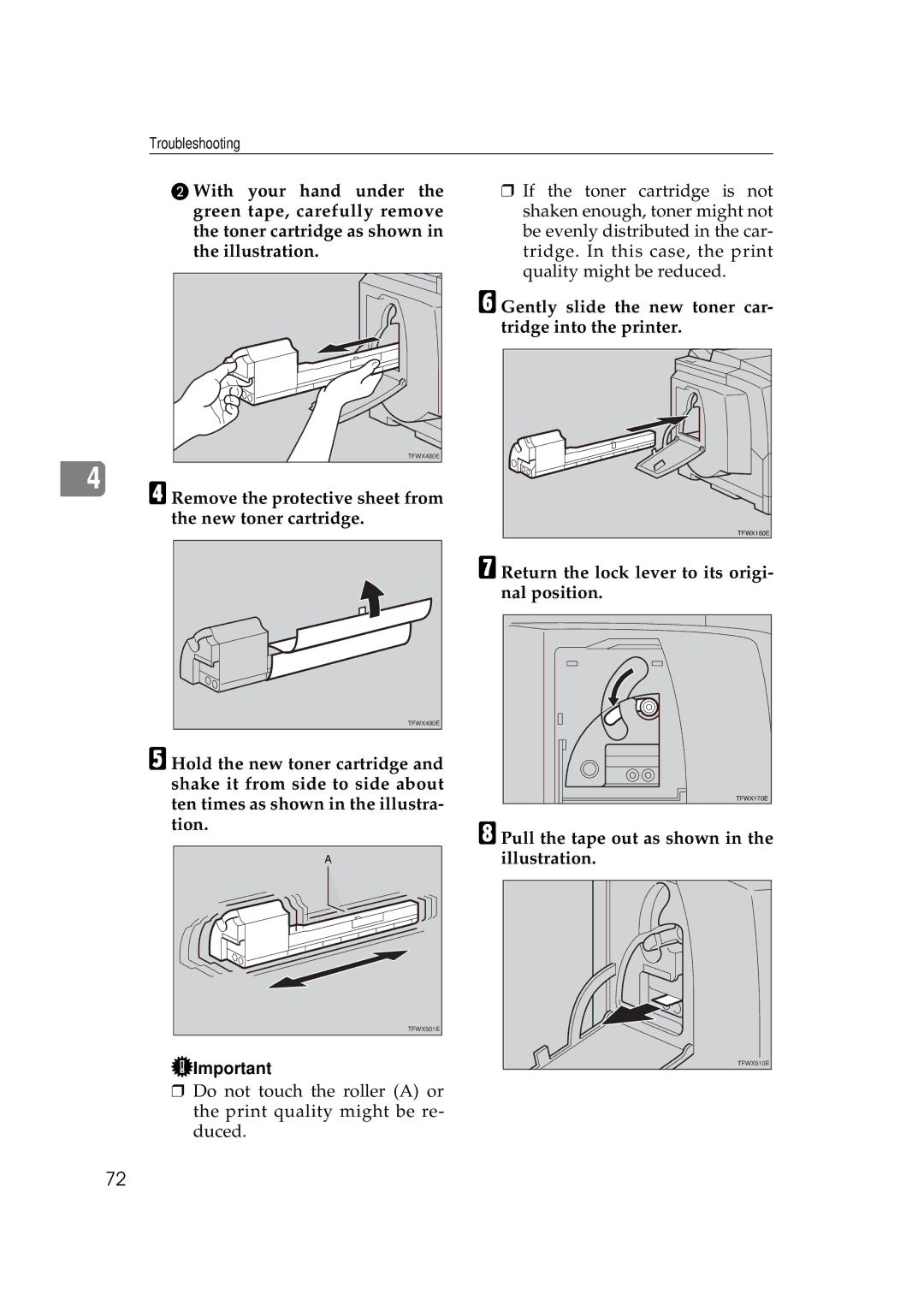 Ricoh AP306D Remove the protective sheet from the new toner cartridge, Return the lock lever to its origi- nal position 