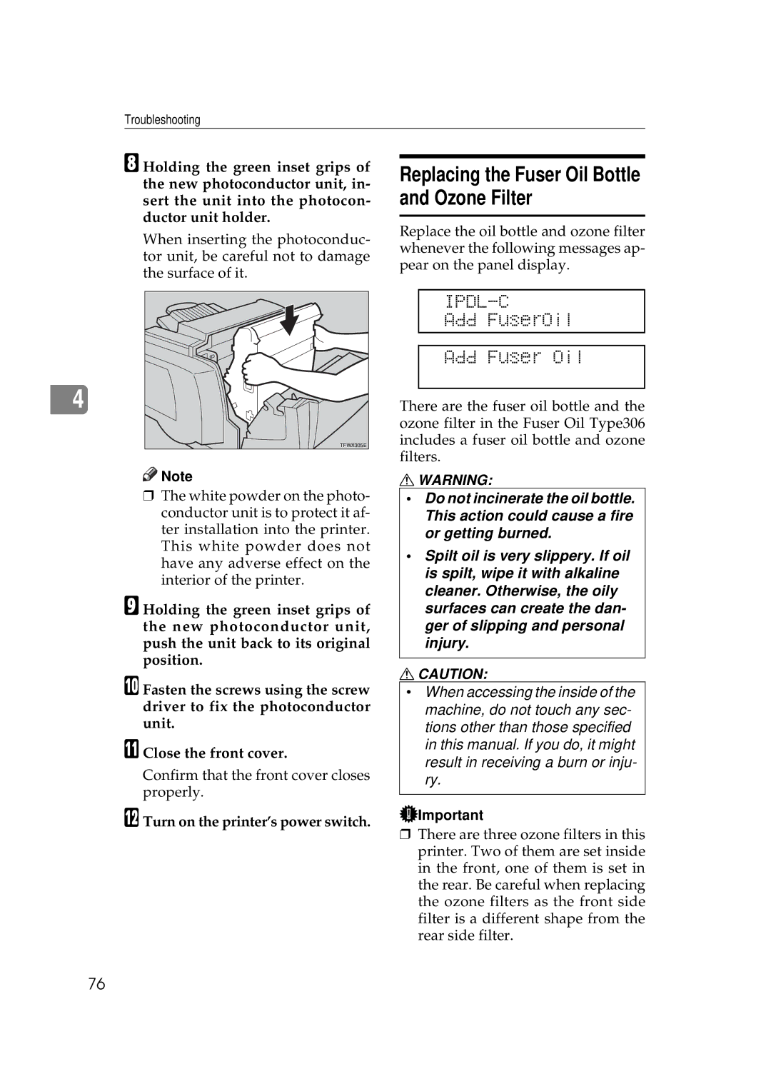 Ricoh AP306D operating instructions Replacing the Fuser Oil Bottle and Ozone Filter, Add FuserOil Add Fuser Oil 