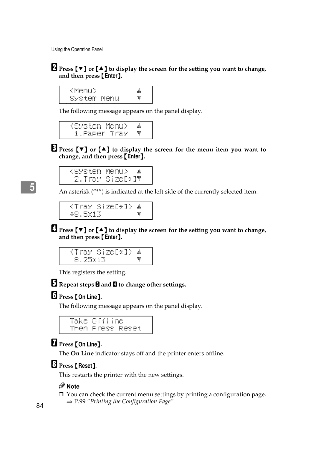 Ricoh AP306D Menu System Menu, System Menu j 1.Paper Tray l, Tray Size* j 5x13 l, Take Offline Then Press Reset 