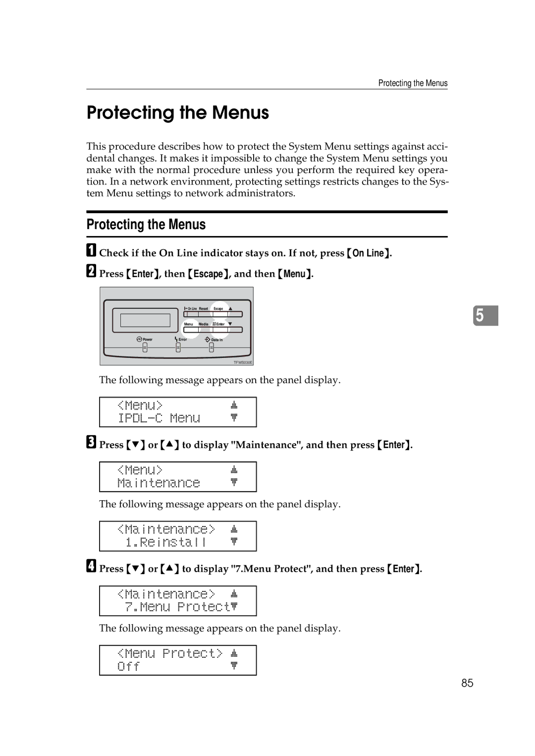 Ricoh AP306D operating instructions Protecting the Menus, Maintenance j 7.Menu Protectl, Menu Protect j Offl 