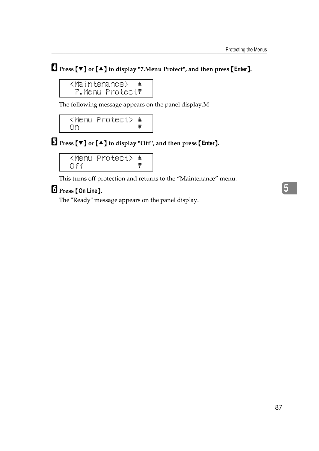 Ricoh AP306D operating instructions Press T or U to display Off, and then press Enter 