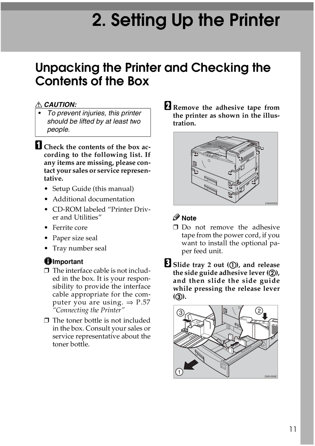 Ricoh AP3200 setup guide Setting Up the Printer, Unpacking the Printer and Checking the Contents of the Box 