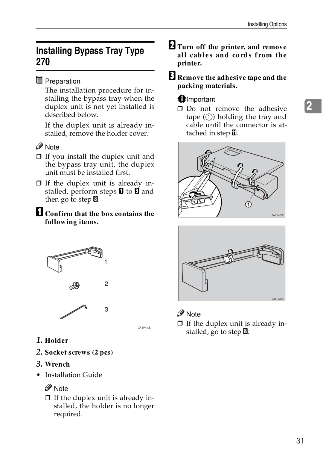 Ricoh AP3200 setup guide Installing Bypass Tray Type, Holder Socket screws 2 pcs Wrench 