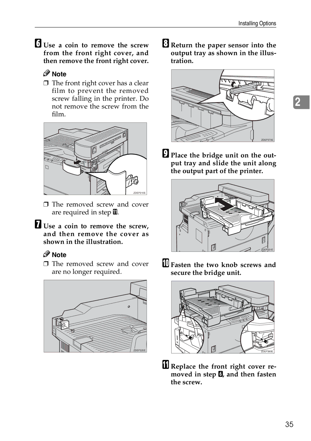 Ricoh AP3200 setup guide Fasten the two knob screws and secure the bridge unit 