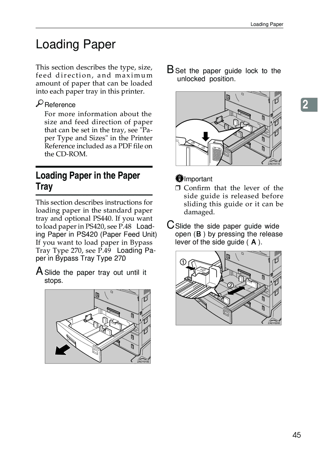 Ricoh AP3200 setup guide Loading Paper in the Paper Tray, Set the paper guide lock to the unlocked position 