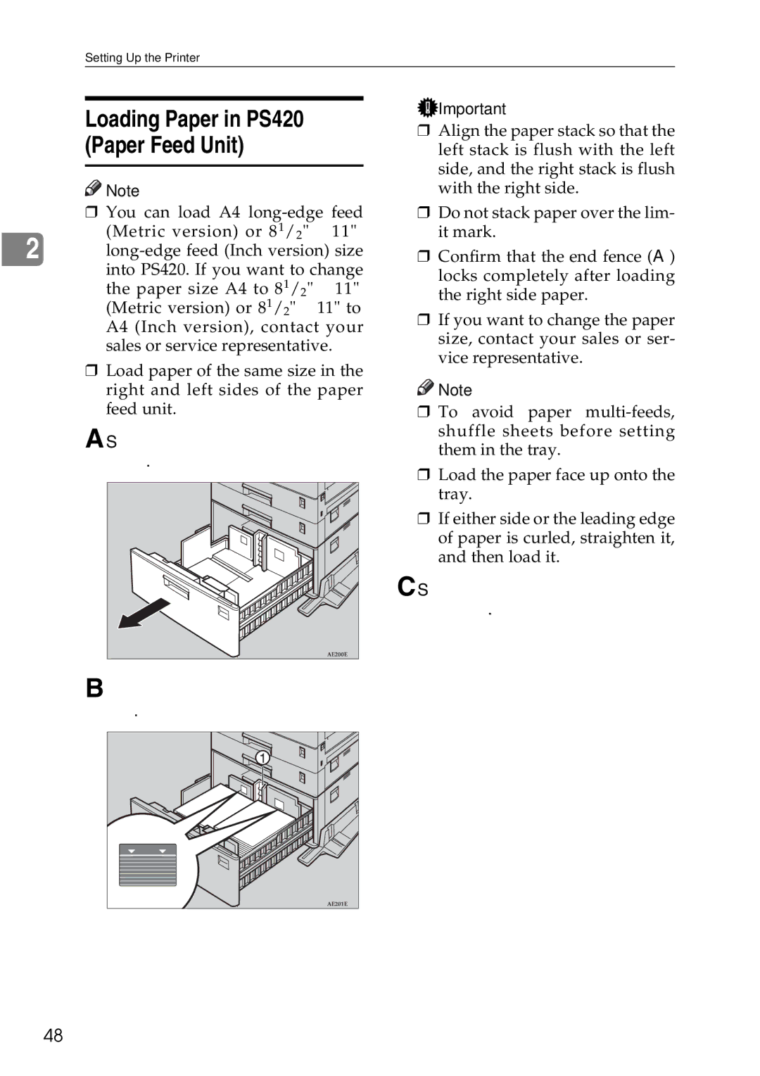 Ricoh AP3200 setup guide Loading Paper in PS420 Paper Feed Unit, Slide the paper tray out until it stops 