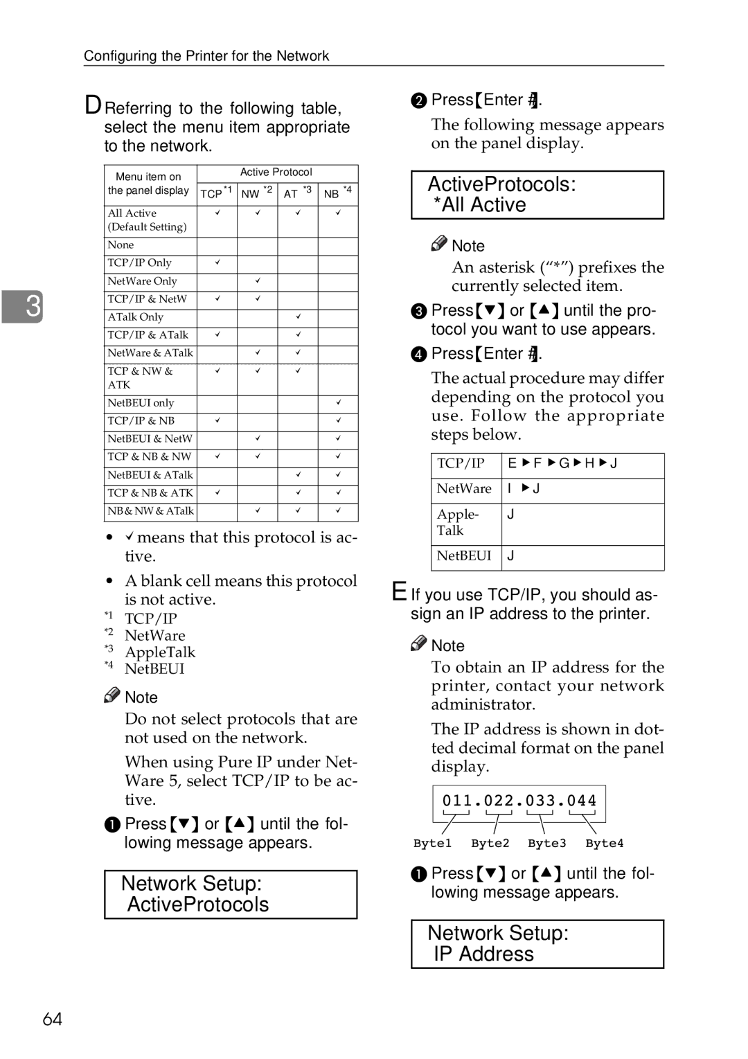 Ricoh AP3200 setup guide Network Setup ActiveProtocols 