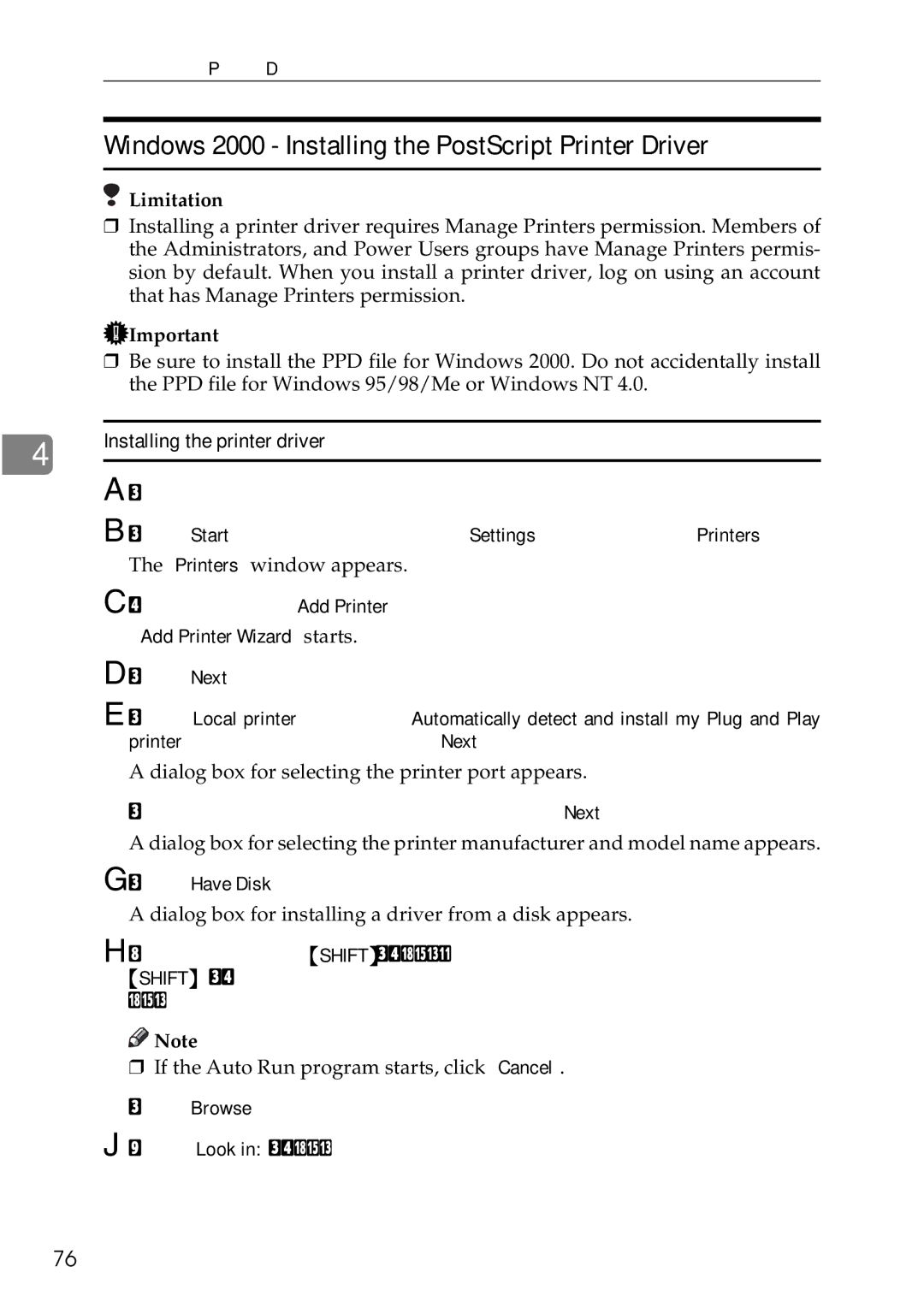 Ricoh AP3200 setup guide Windows 2000 Installing the PostScript Printer Driver 