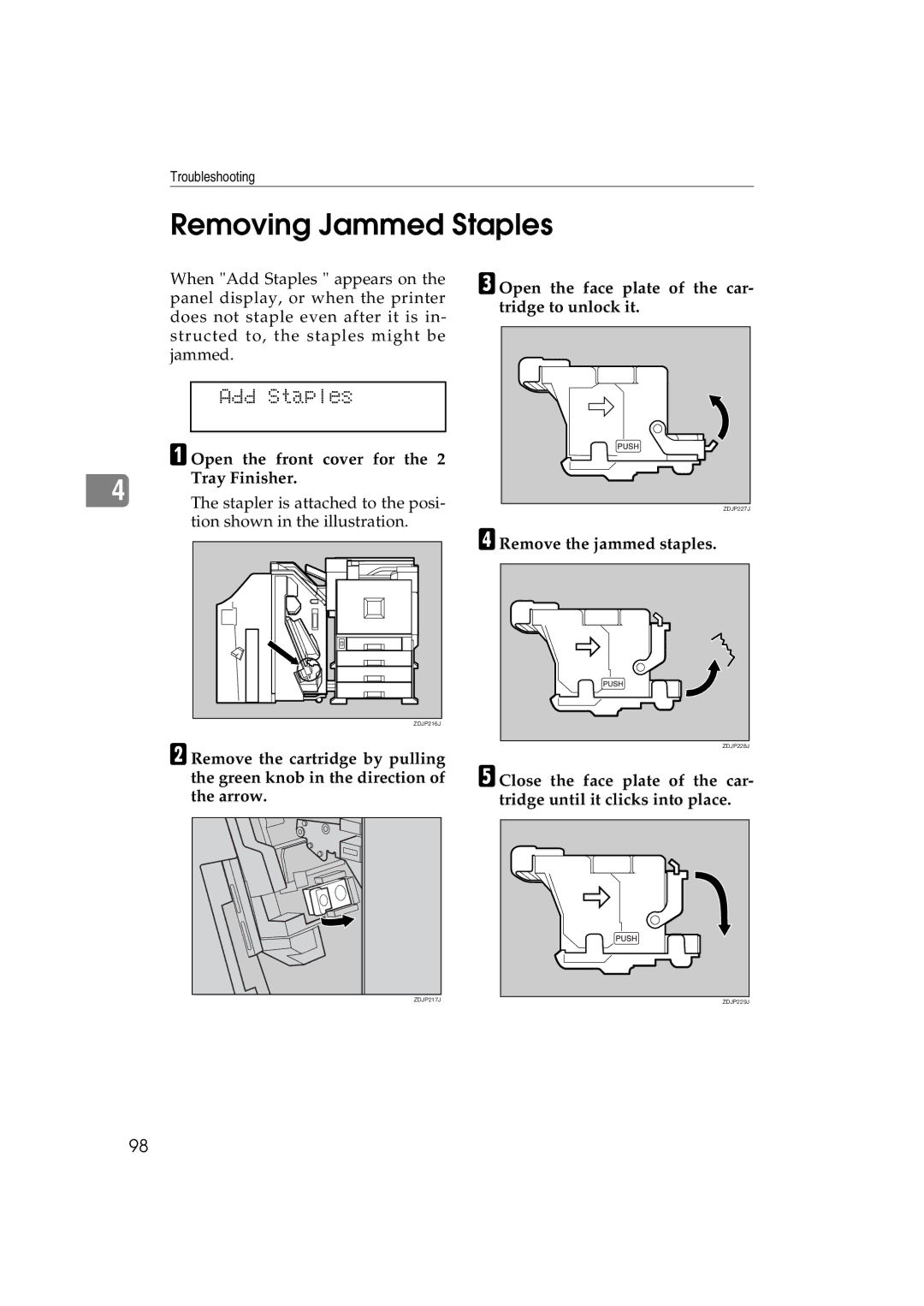 Ricoh AP3800C Removing Jammed Staples, Add Staples, Open the face plate of the car- tridge to unlock it 