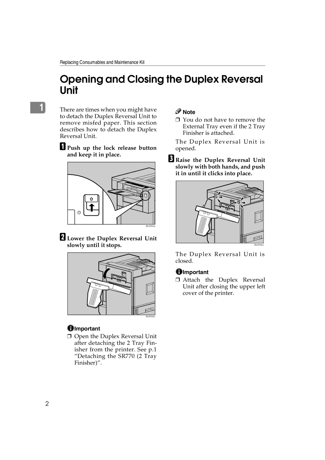 Ricoh AP3800C Opening and Closing the Duplex Reversal Unit, Push up the lock release button and keep it in place 