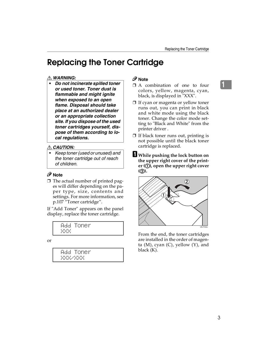 Ricoh AP3800C operating instructions Replacing the Toner Cartridge, Add Toner 