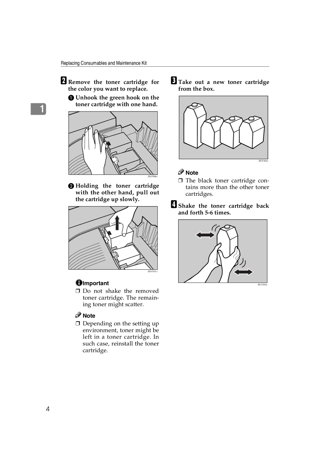 Ricoh AP3800C operating instructions Shake the toner cartridge back and forth 5-6 times 