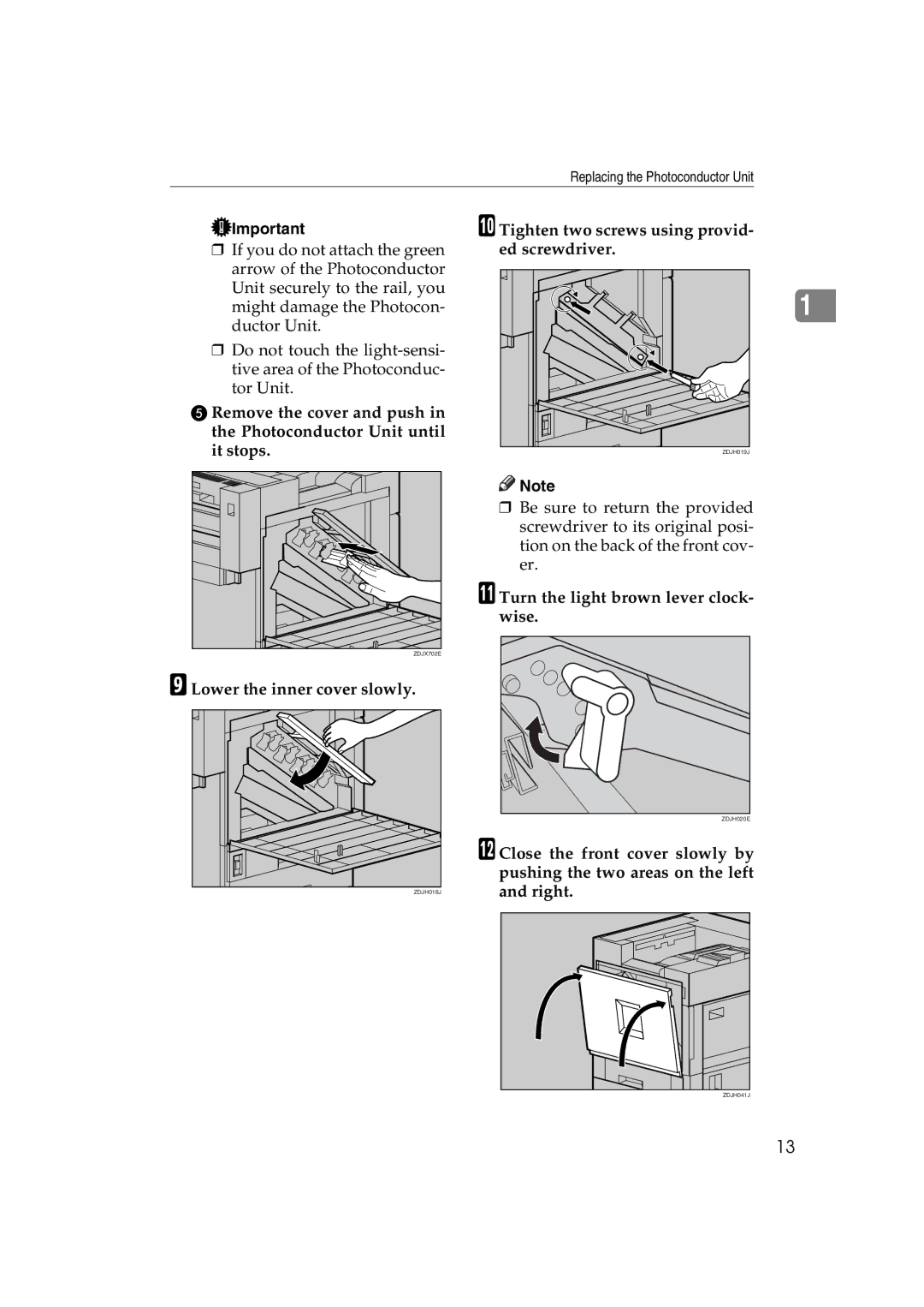 Ricoh AP3800C operating instructions Lower the inner cover slowly, Tighten two screws using provid- ed screwdriver 