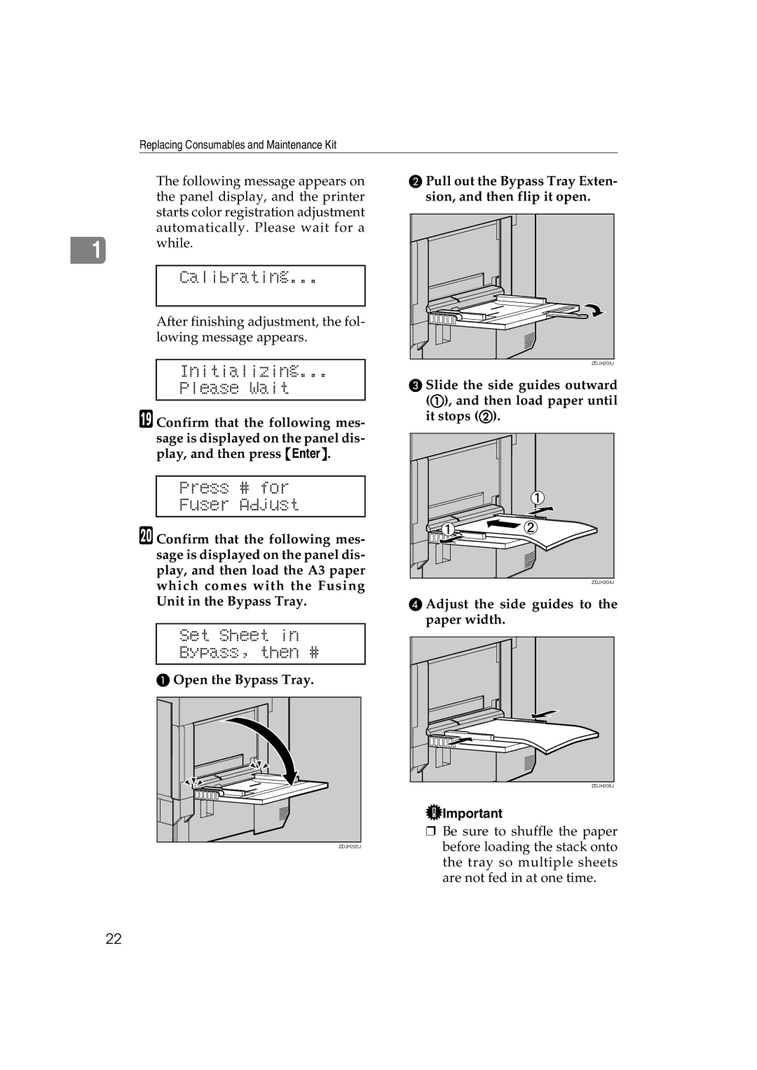 Ricoh AP3800C operating instructions Initializing Please Wait, Press # for Fuser Adjust, Set Sheet Bypass, then # 