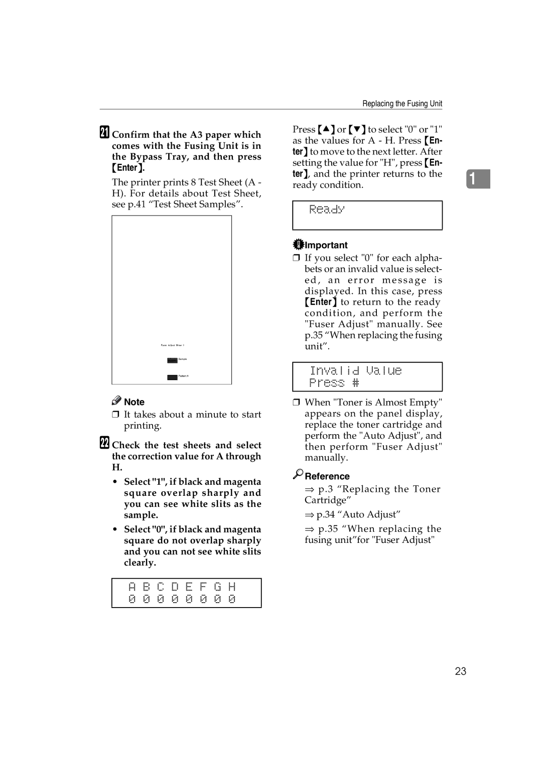 Ricoh AP3800C operating instructions Ready, Invalid Value Press #, C D E F G H 0 0 0 0 0 0 0 