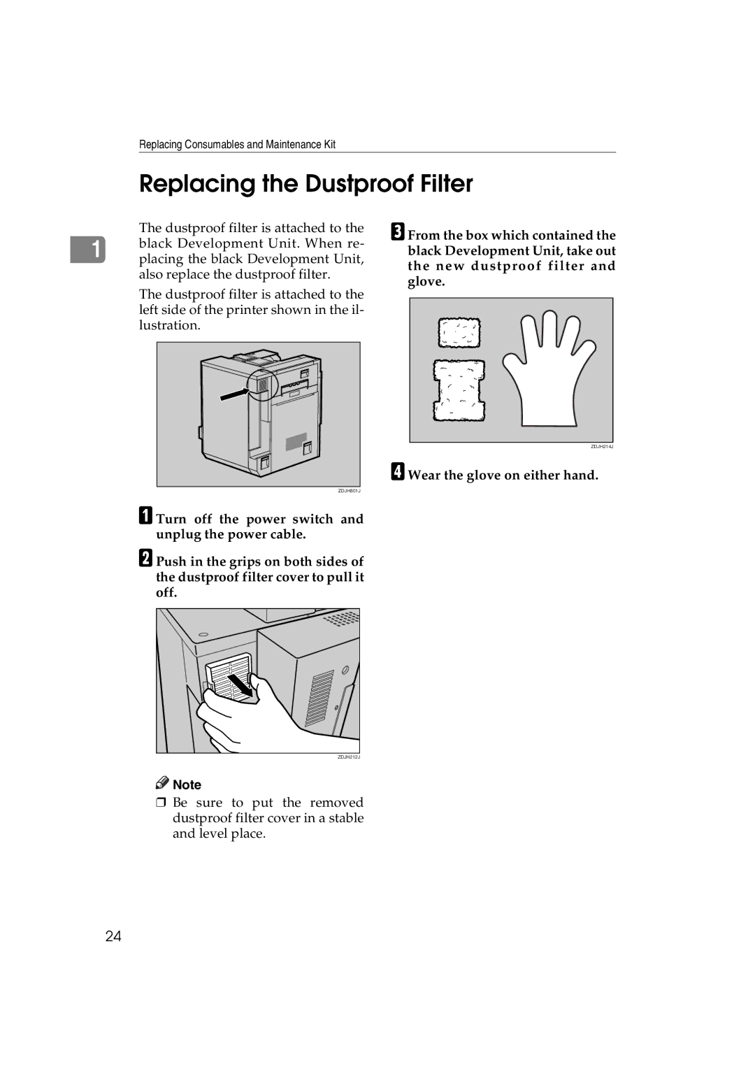 Ricoh AP3800C operating instructions Replacing the Dustproof Filter, Wear the glove on either hand 