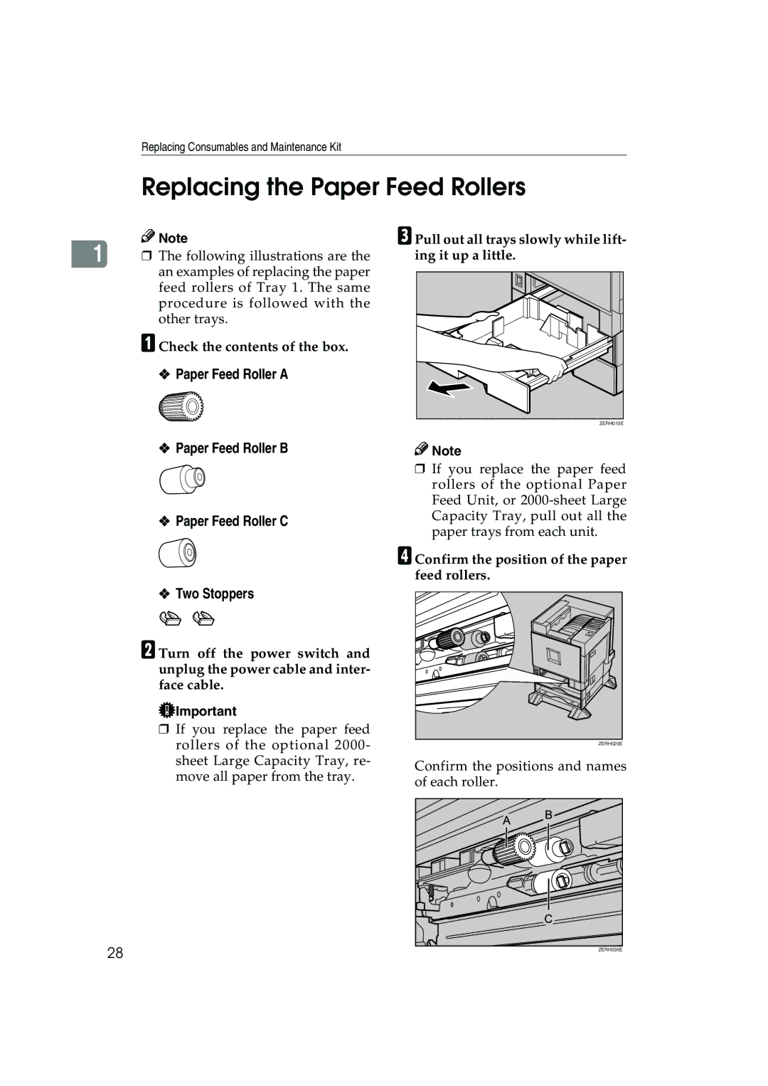 Ricoh AP3800C Replacing the Paper Feed Rollers, Paper Feed Roller a, Paper Feed Roller B Paper Feed Roller C Two Stoppers 