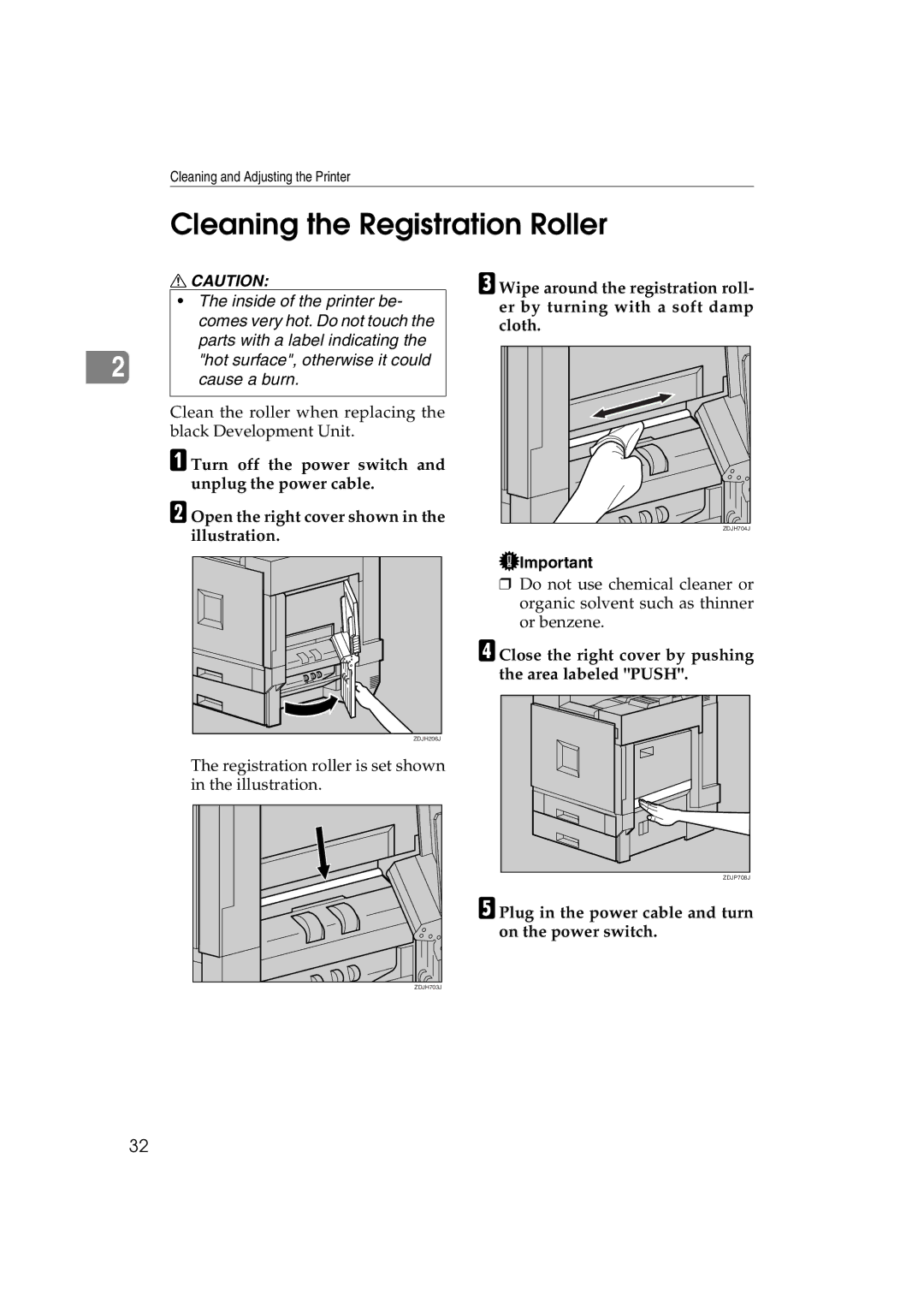 Ricoh AP3800C Cleaning the Registration Roller, Close the right cover by pushing the area labeled Push 