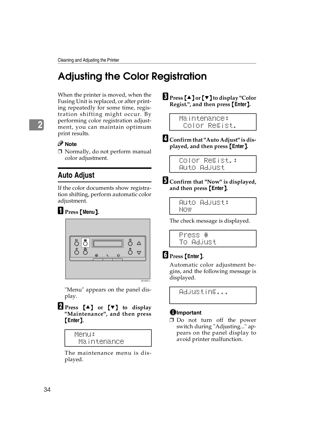 Ricoh AP3800C operating instructions Adjusting the Color Registration, Auto Adjust 