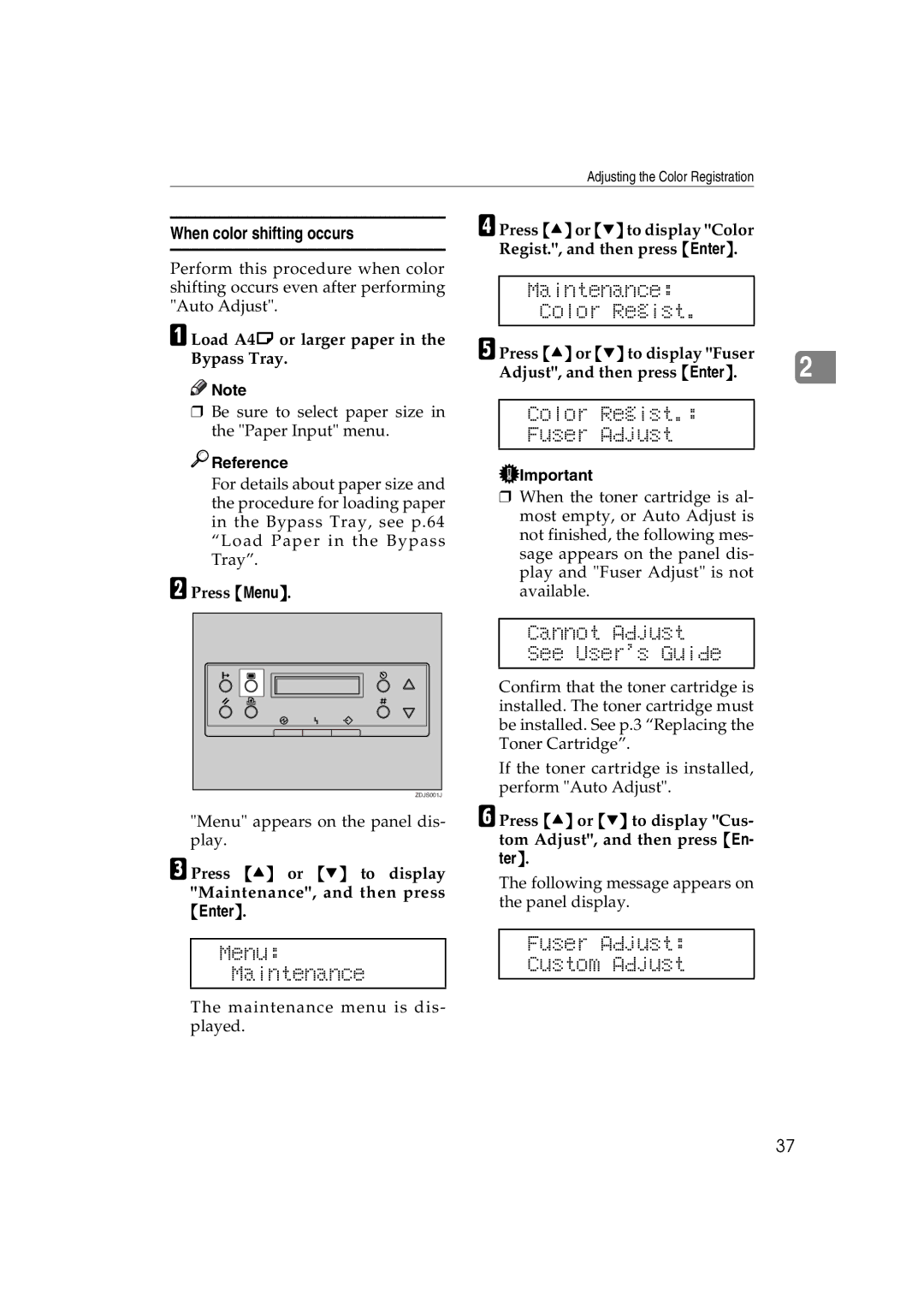 Ricoh AP3800C operating instructions Menu Maintenance Fuser Adjust Custom Adjust, When color shifting occurs 