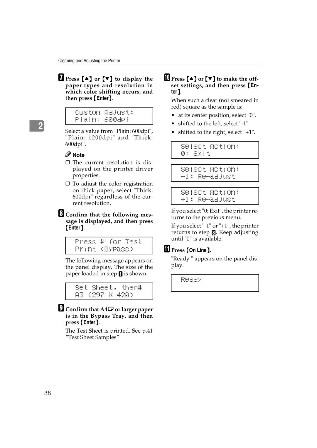 Ricoh AP3800C operating instructions Custom Adjust Plain 600dpi, Select Action, Set Sheet, then# A3 297 X 