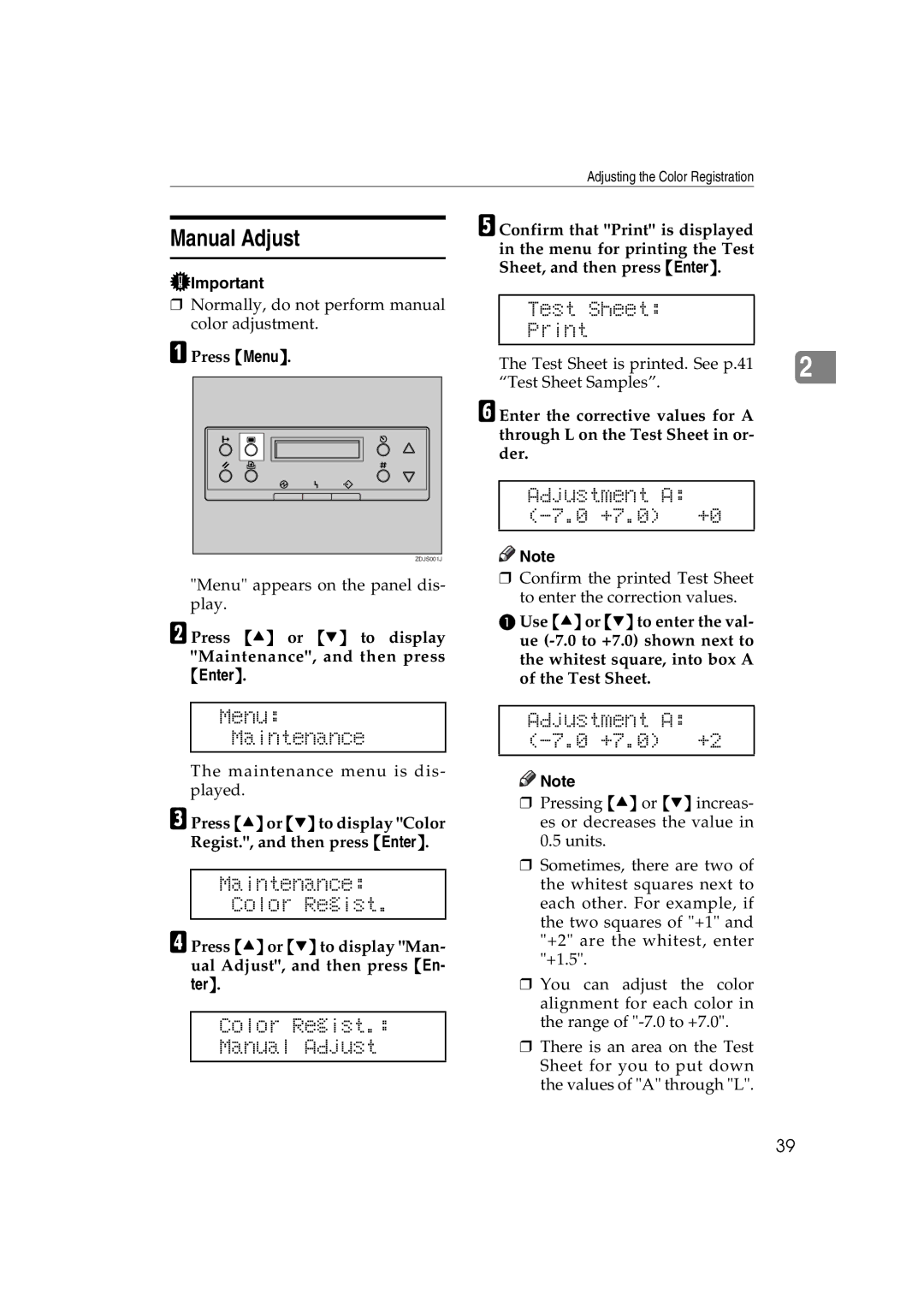 Ricoh AP3800C operating instructions Adjustment a -7.0 +7.0 +0, Color Regist Manual Adjust Adjustment a -7.0 +7.0 +2 