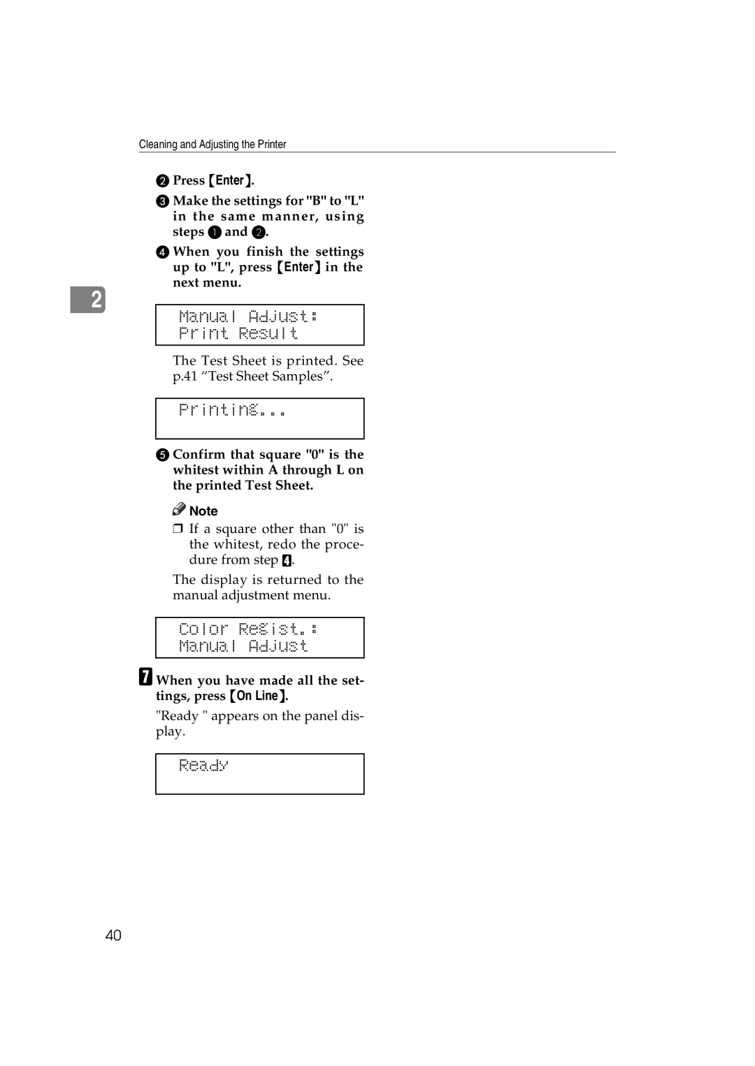 Ricoh AP3800C operating instructions Manual Adjust Print Result, Printing, Color Regist Manual Adjust 