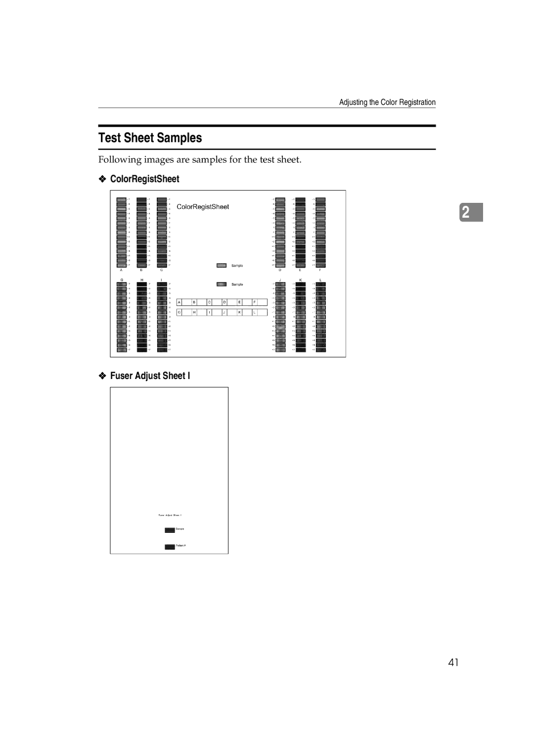 Ricoh AP3800C operating instructions Test Sheet Samples, ColorRegistSheet Fuser Adjust Sheet 