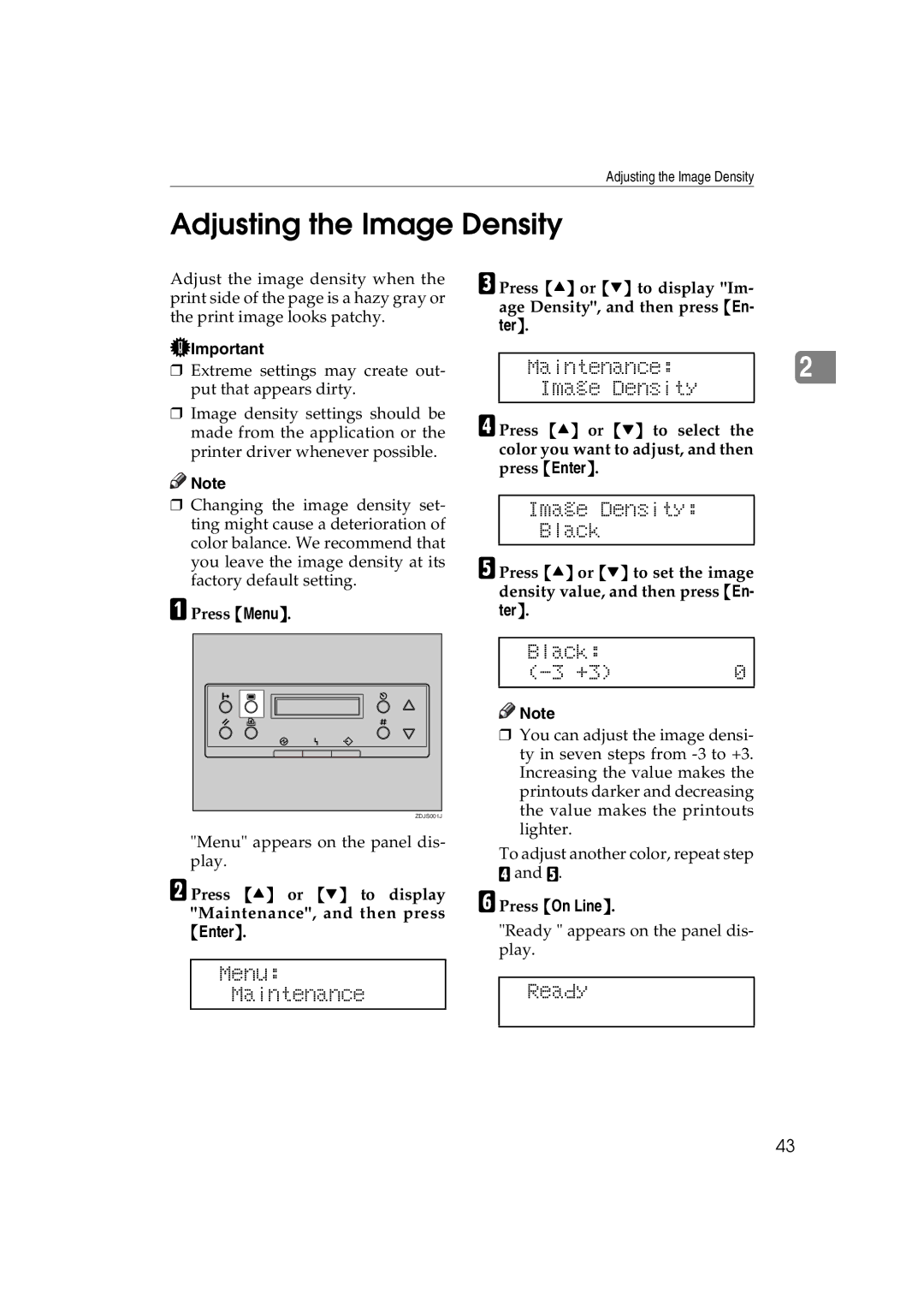 Ricoh AP3800C Adjusting the Image Density, Maintenance Image Density, Image Density Black, Menu Maintenance Ready 