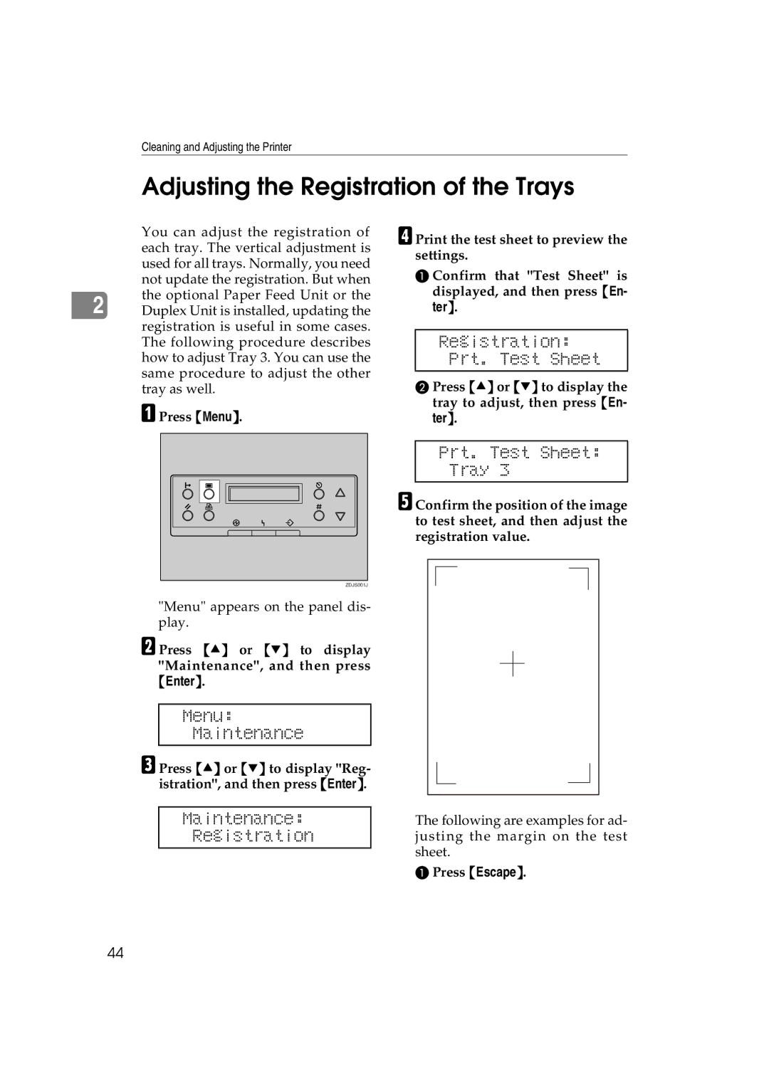 Ricoh AP3800C operating instructions Adjusting the Registration of the Trays, Prt. Test Sheet, Maintenance Registration 