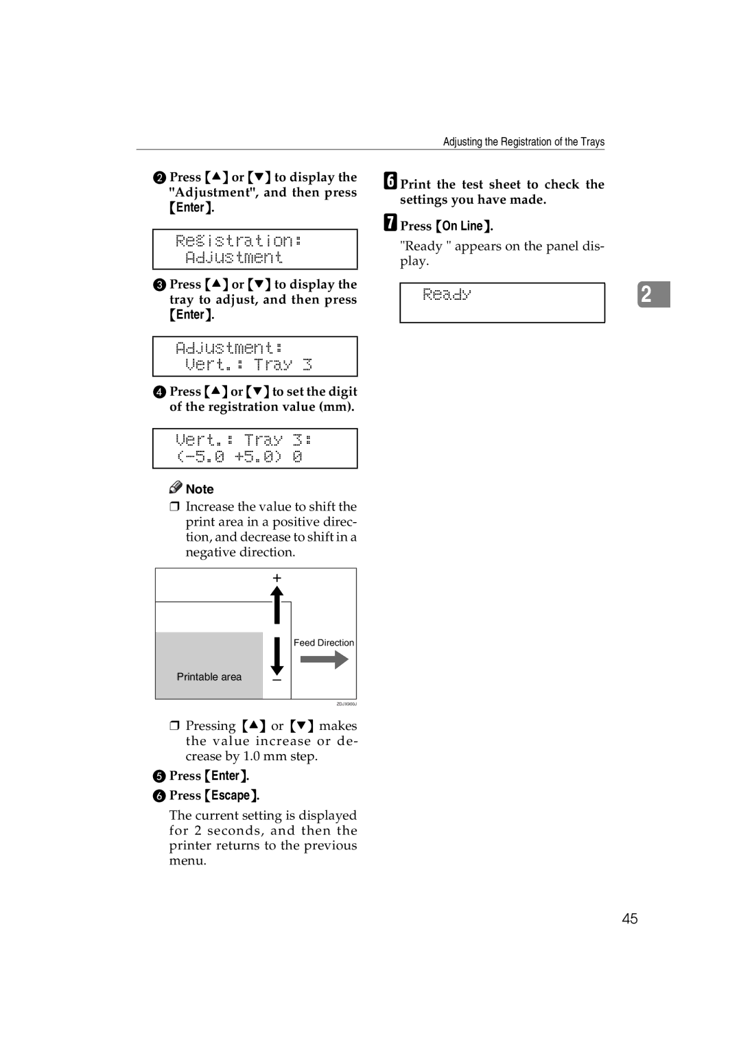 Ricoh AP3800C Registration Adjustment, Adjustment Vert. Tray, Vert. Tray 3 -5.0 +5.0, Press Enter Press Escape 