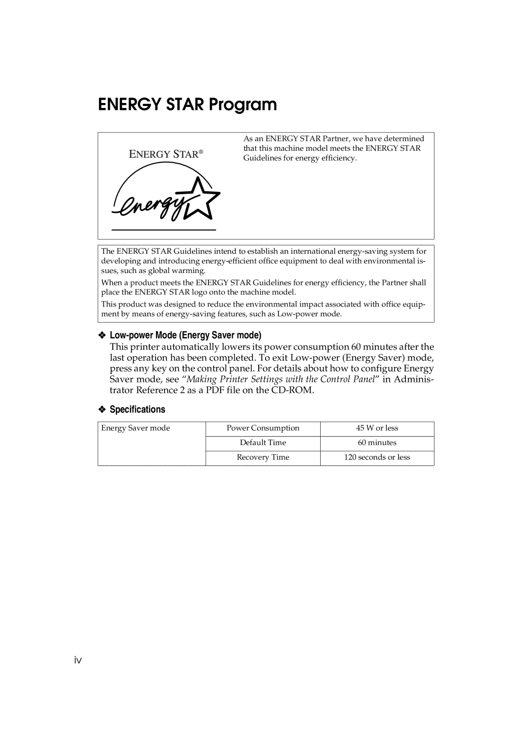 Ricoh AP3800C operating instructions Energy Star Program, Low-power Mode Energy Saver mode Specifications 