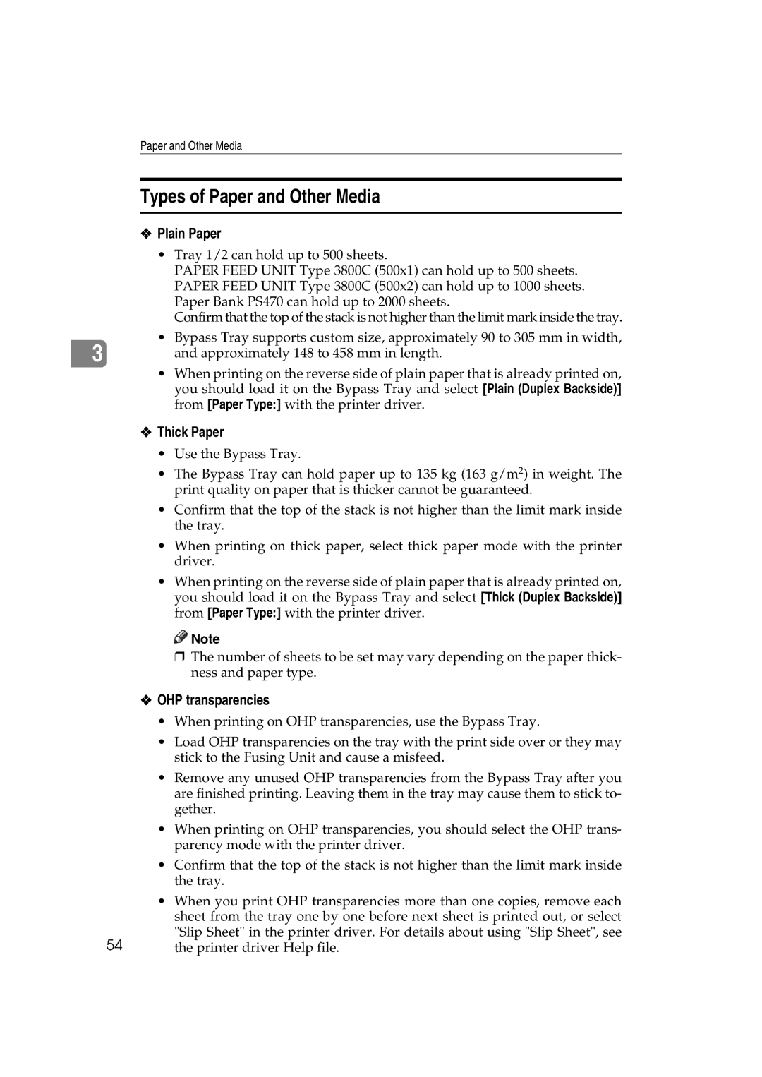 Ricoh AP3800C operating instructions Types of Paper and Other Media, Plain Paper, Thick Paper, OHP transparencies 