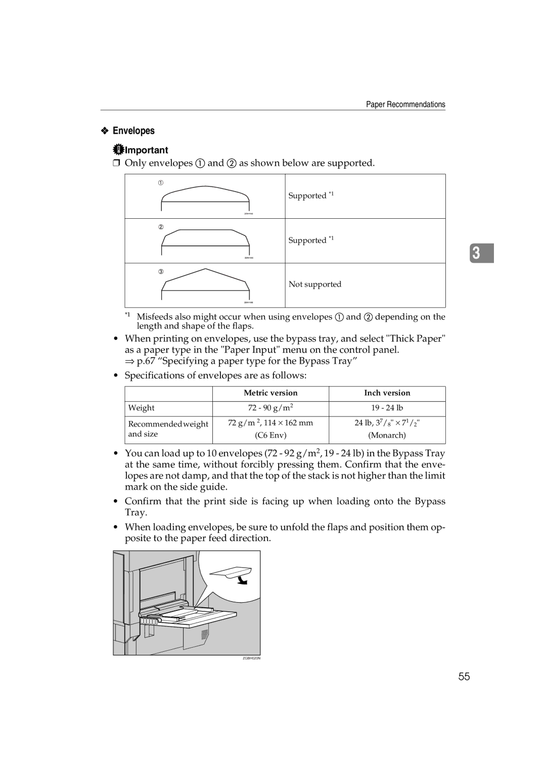 Ricoh AP3800C operating instructions Envelopes, Only envelopes a and B as shown below are supported 