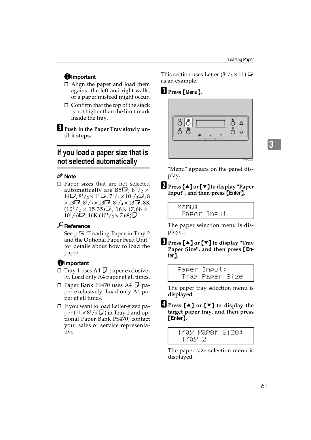 Ricoh AP3800C Menu Paper Input, Paper Input Tray Paper Size, Push in the Paper Tray slowly un- til it stops 