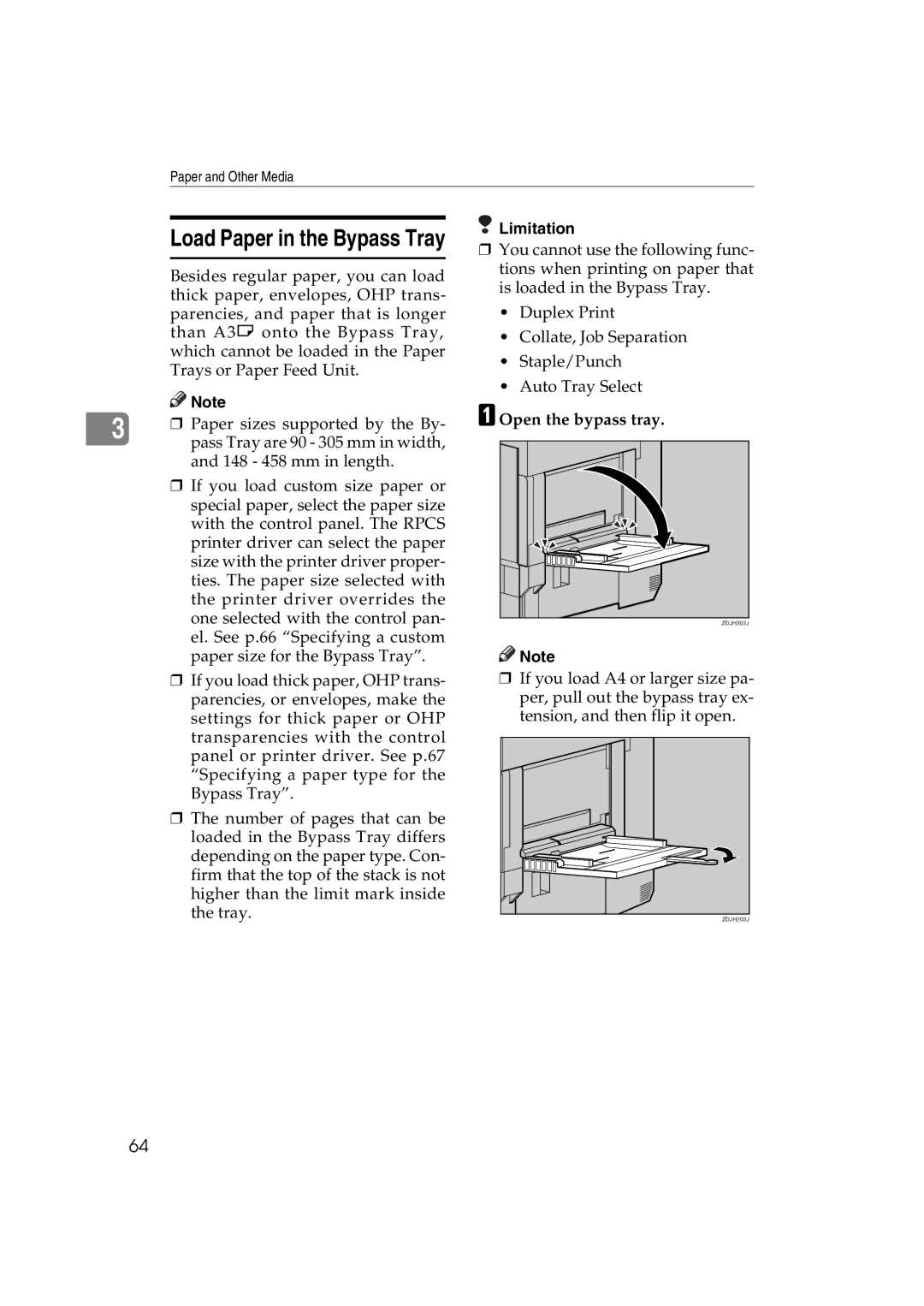 Ricoh AP3800C operating instructions Load Paper in the Bypass Tray 