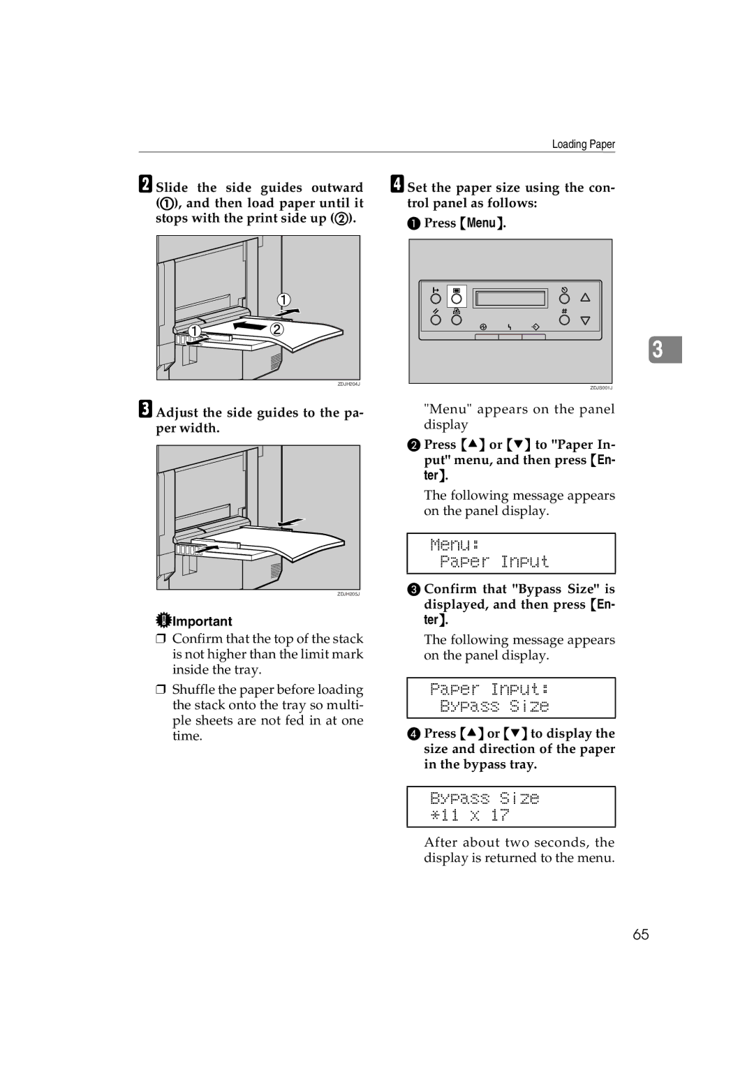 Ricoh AP3800C Paper Input Bypass Size, Bypass Size *11 x, Adjust the side guides to the pa- per width 