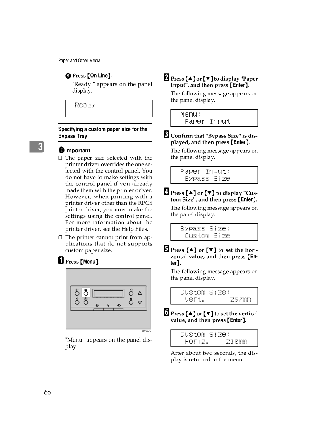 Ricoh AP3800C operating instructions Bypass Size Custom Size, Custom Size Vert mm, Custom Size Horiz mm 