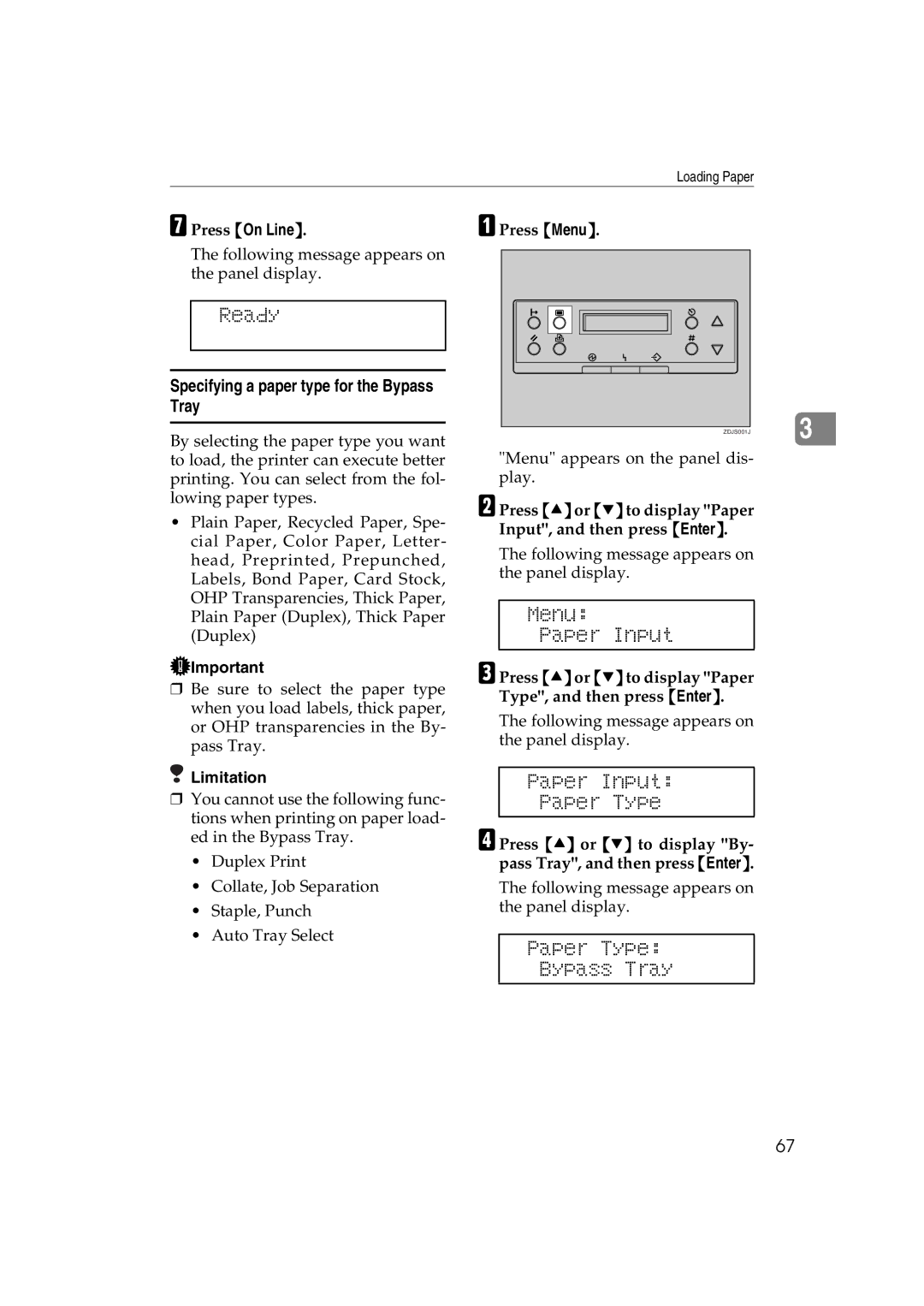 Ricoh AP3800C operating instructions Paper Type Bypass Tray, Specifying a paper type for the Bypass Tray 