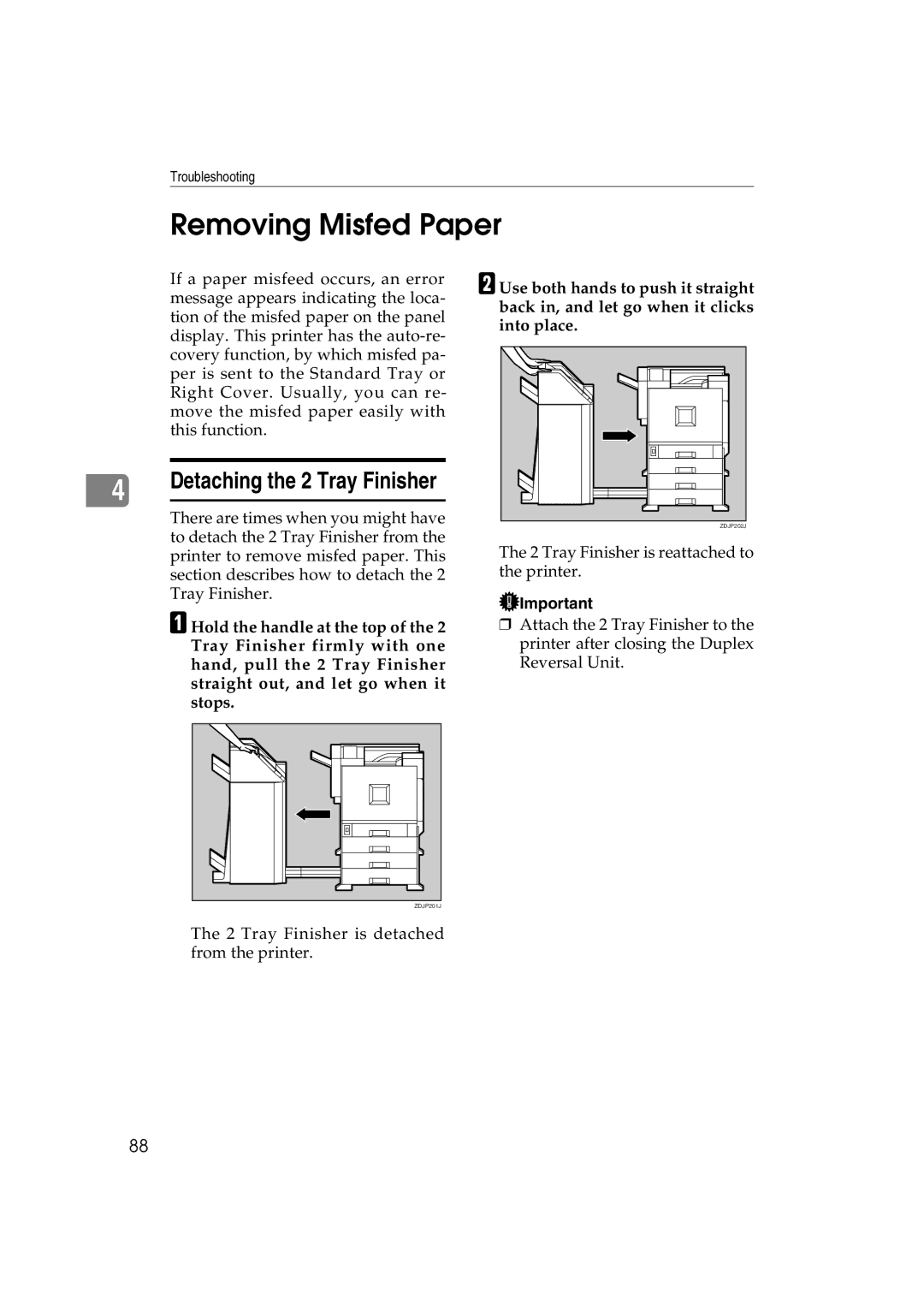 Ricoh AP3800C operating instructions Removing Misfed Paper, Detaching the 2 Tray Finisher 