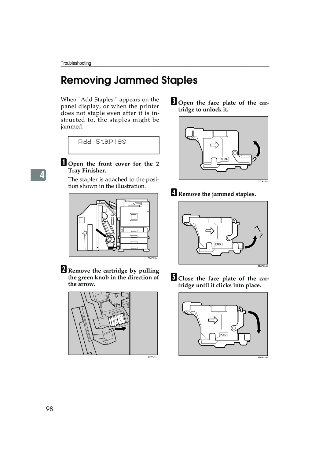 Ricoh AP3800C operating instructions Removing Jammed Staples, Add Staples 