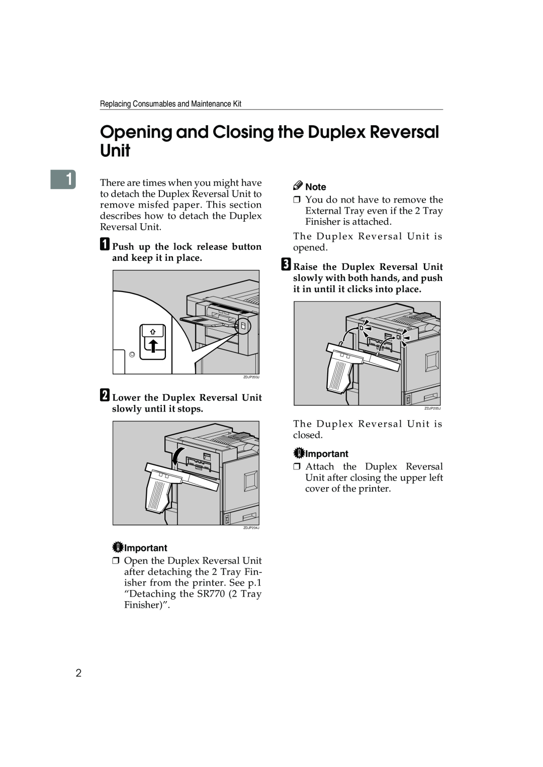 Ricoh AP3800C operating instructions Opening and Closing the Duplex Reversal Unit 
