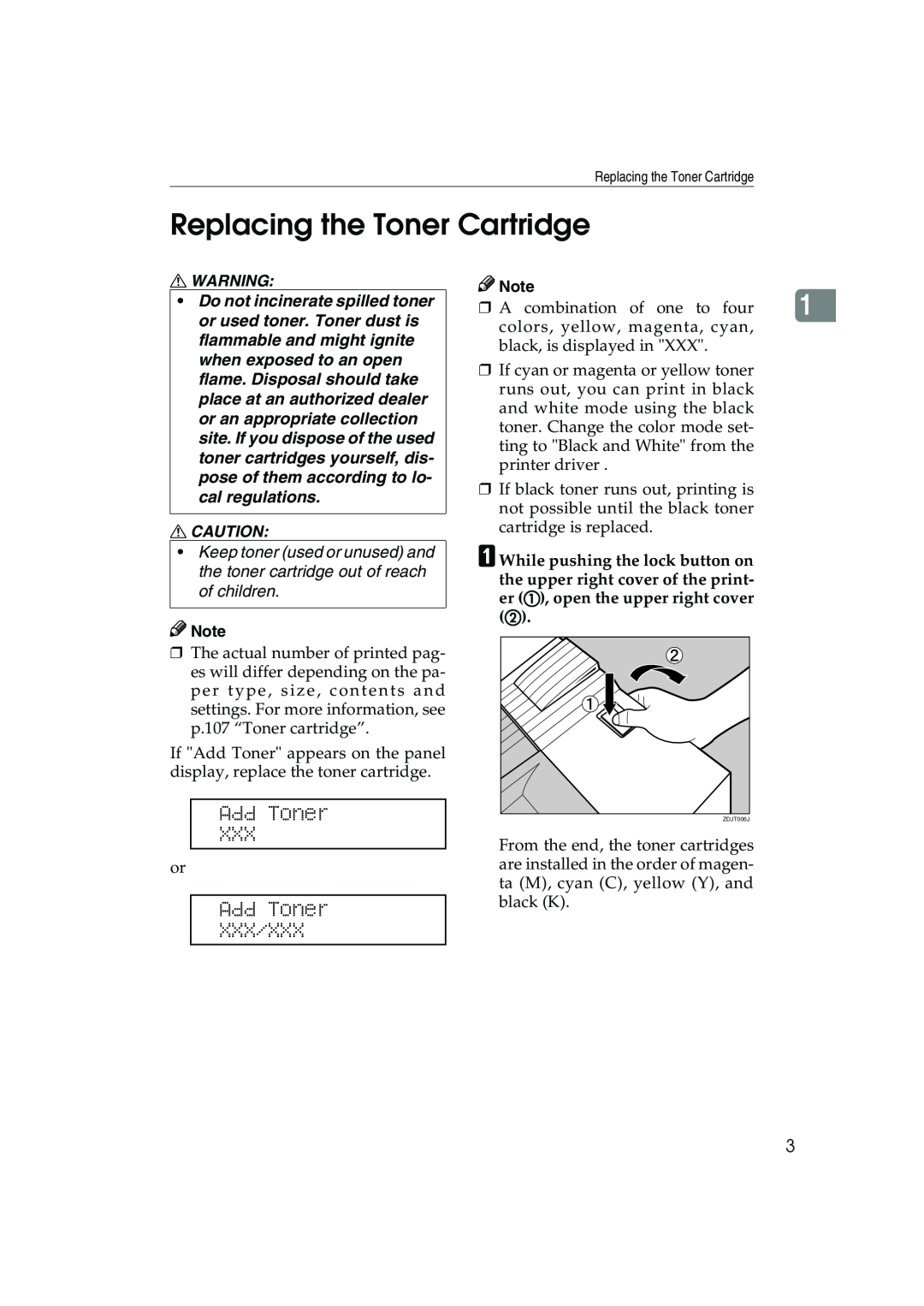 Ricoh AP3800C operating instructions Replacing the Toner Cartridge, Add Toner XXX/XXX 