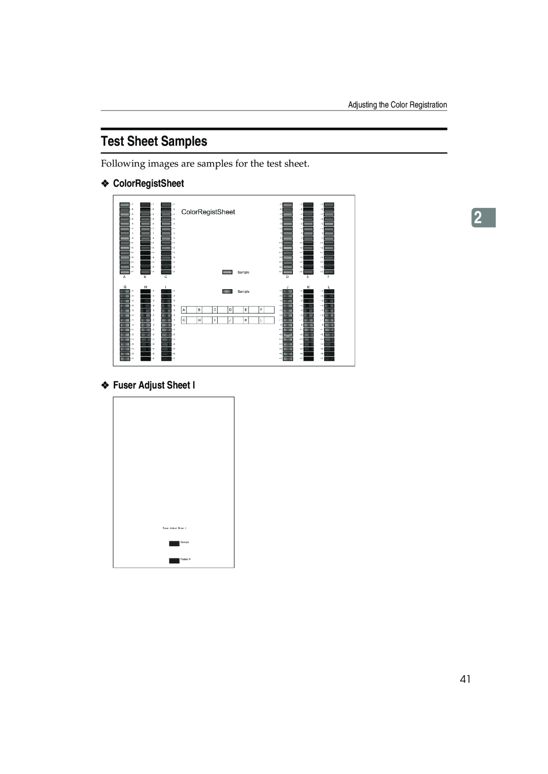 Ricoh AP3800C Test Sheet Samples, ColorRegistSheet, Fuser Adjust Sheet, Adjusting the Color Registration 
