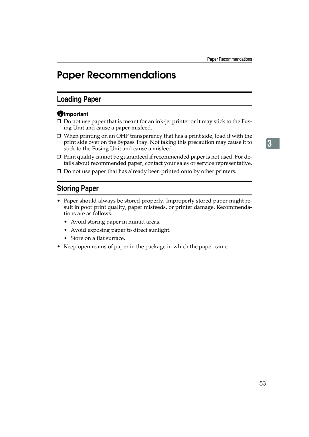 Ricoh AP3800C operating instructions Paper Recommendations, Loading Paper, Storing Paper 